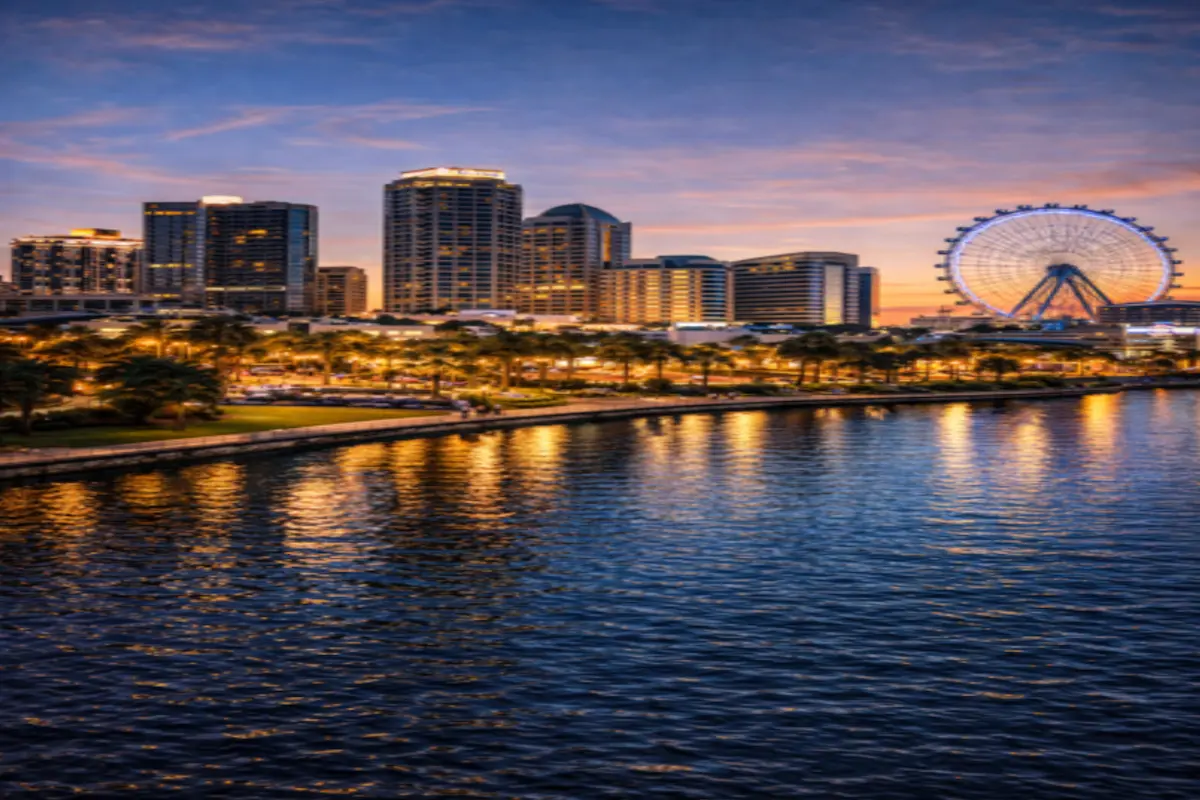 International Drive Orlando skyline near ICON Park at sunset