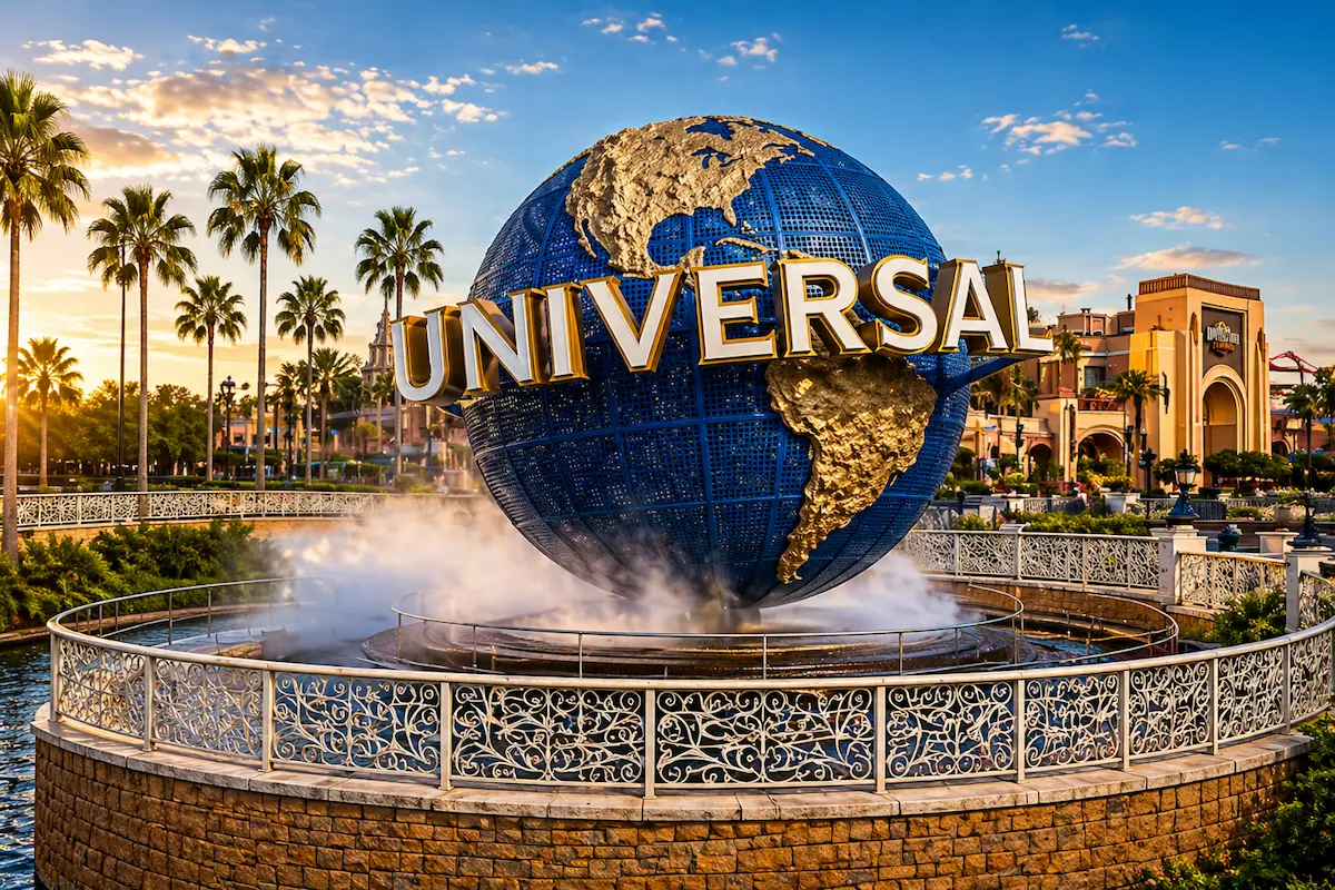 Universal Orlando transportation destination entrance globe at sunset